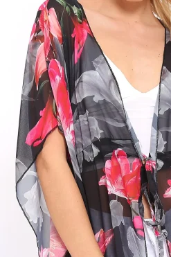 Rebellious Fashion Fuchsia Floral Print Long Kimono - Vonda