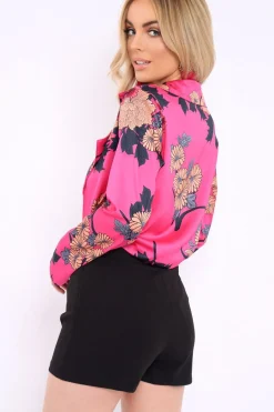 Rebellious Fashion Fuchsia Flower Print Plunge Satin Bodysuit - Madelynn