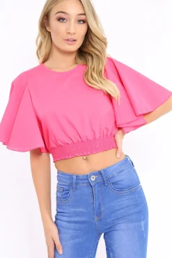 Rebellious Fashion Fuchsia Frill Sleeve Crop Top - Siobhan