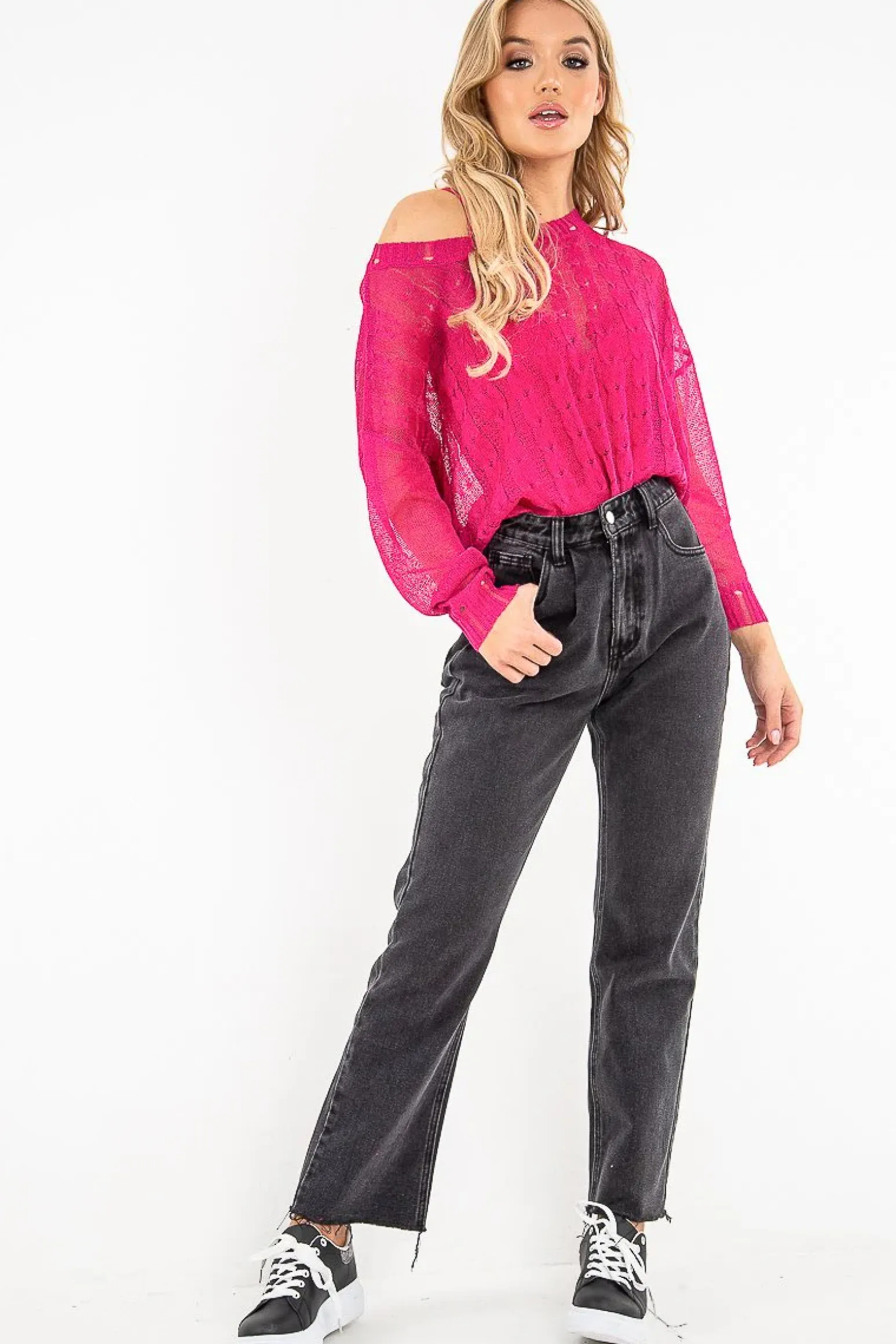 Rebellious Fashion Fuchsia Glitter Net Cable Knit Jumper - Cordia