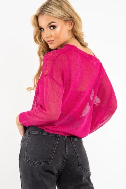 Rebellious Fashion Fuchsia Glitter Net Cable Knit Jumper - Cordia