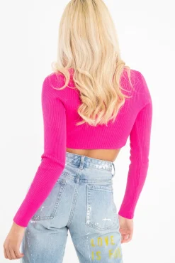 Rebellious Fashion Fuchsia Half Zip Rib Crop Jumper - Elisea