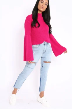 Rebellious Fashion Fuchsia High Neck Flared Sleeve Jumper - Aloni