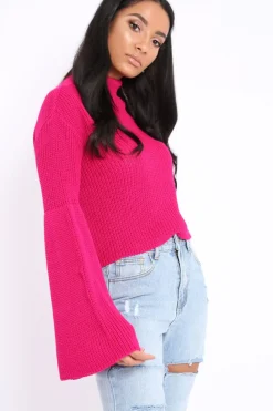 Rebellious Fashion Fuchsia High Neck Flared Sleeve Jumper - Aloni