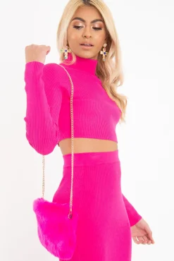 Rebellious Fashion Fuchsia High Neck Rib Knit Crop Jumper - Emogene