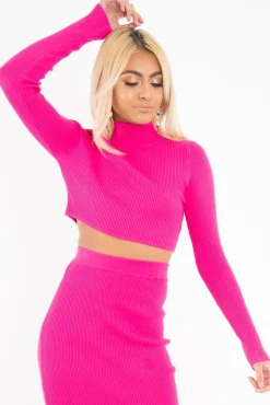 Rebellious Fashion Fuchsia High Neck Rib Knit Crop Jumper - Emogene