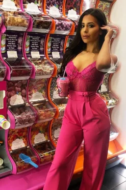Rebellious Fashion Fuchsia High Waist Paper Bag Buckle Belt Trousers - Ivyonna