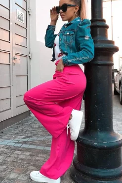 Rebellious Fashion Fuchsia High Waist Paper Bag Buckle Belt Trousers - Ivyonna