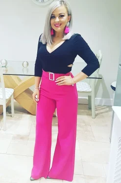 Rebellious Fashion Fuchsia High Waist Wide Leg Trousers with Buckle - Monico