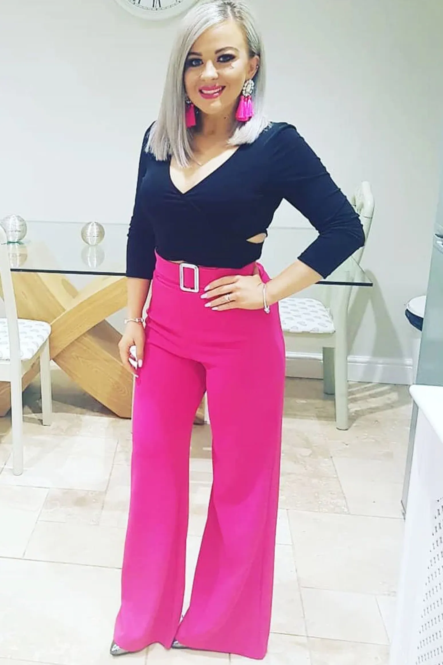 Rebellious Fashion Fuchsia High Waist Wide Leg Trousers with Buckle - Monico