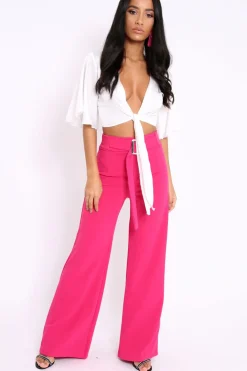 Rebellious Fashion Fuchsia High Waist Wide Leg Trousers with Buckle - Monico