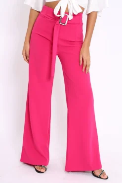 Rebellious Fashion Fuchsia High Waist Wide Leg Trousers with Buckle - Monico
