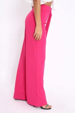 Rebellious Fashion Fuchsia High Waist Wide Leg Trousers with Buckle - Monico