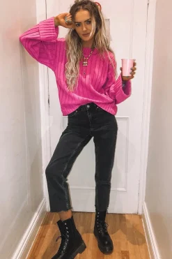 Rebellious Fashion Fuchsia Knit High Neck Jumper - Jaelynn