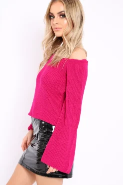 Rebellious Fashion Fuchsia Knitted Bardot Jumper - Jaden