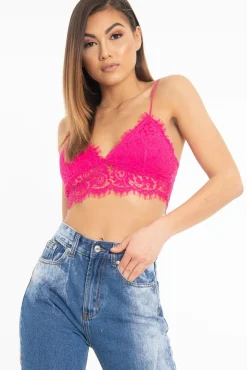 Rebellious Fashion Fuchsia Lace Cami Strap Crop Top - Lesta