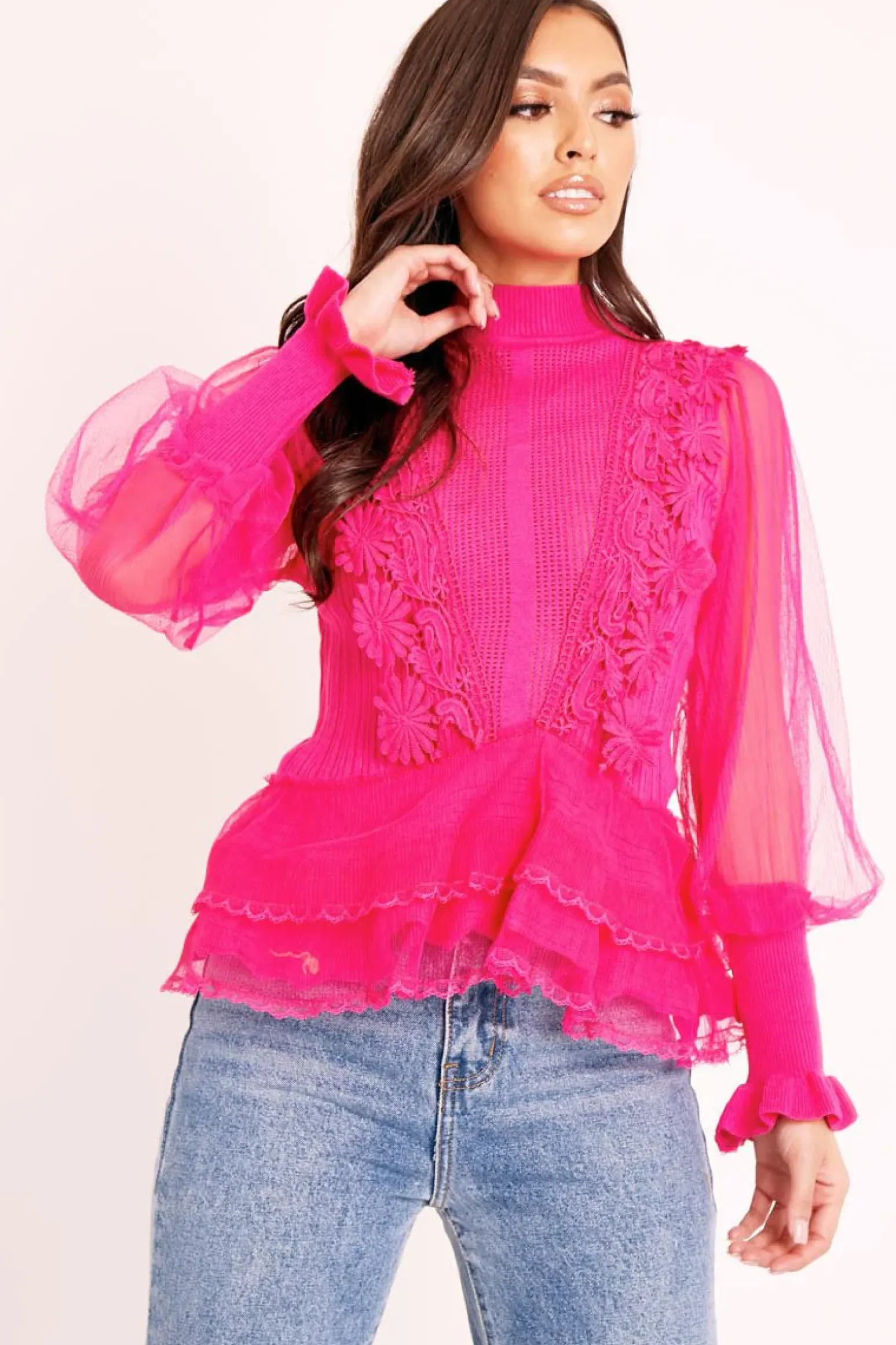 Rebellious Fashion Fuchsia Lace Panel Net Sleeve Jumper - Dalila