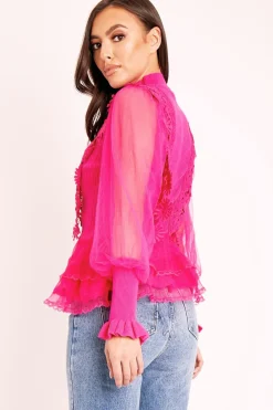 Rebellious Fashion Fuchsia Lace Panel Net Sleeve Jumper - Dalila