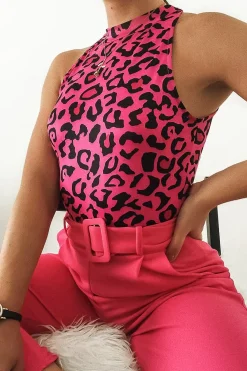 Rebellious Fashion Fuchsia Leopard Print Halter Neck Sleeveless Bodysuit - Aarika