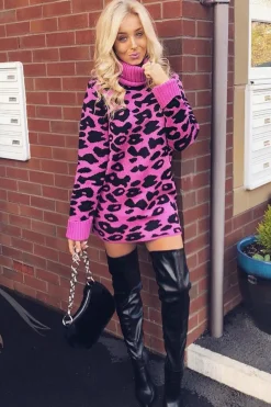 Rebellious Fashion Fuchsia Leopard Roll Neck Jumper - Deona