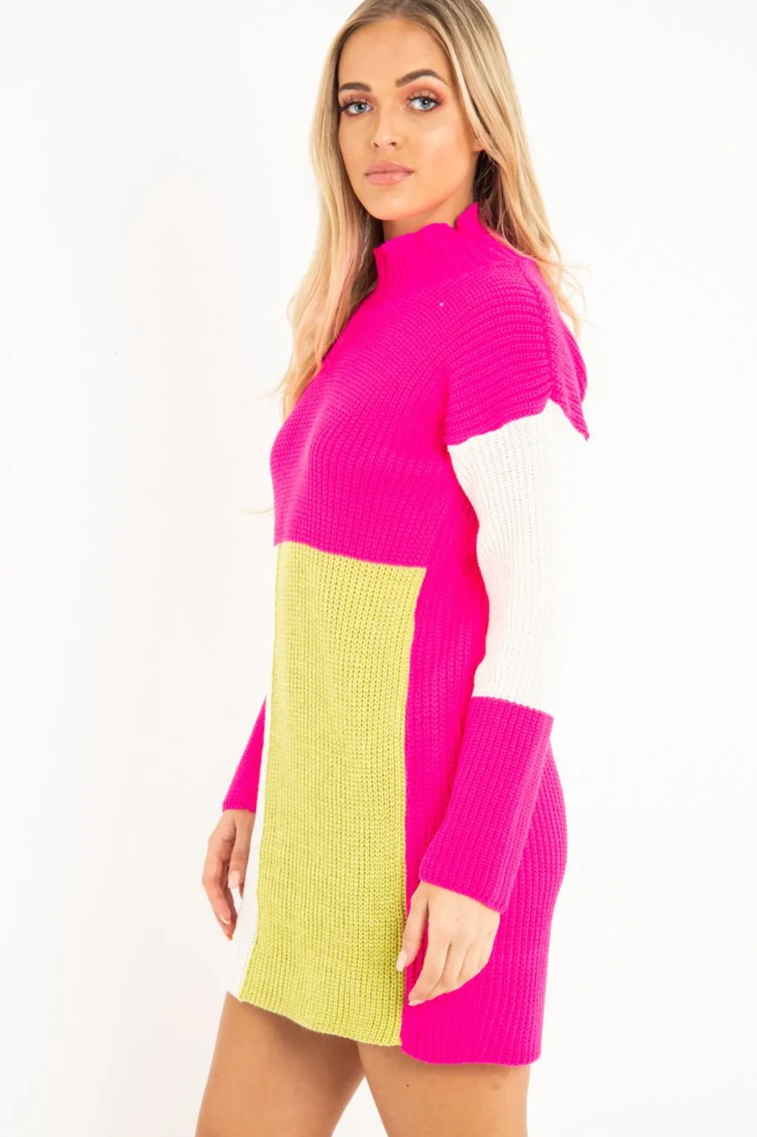 Rebellious Fashion Fuchsia Lime and Cream Knit Jumper Dress - Taila