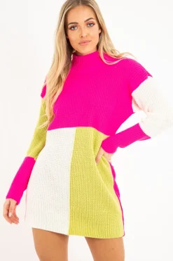 Rebellious Fashion Fuchsia Lime and Cream Knit Jumper Dress - Taila