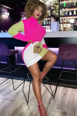 Rebellious Fashion Fuchsia Lime and Cream Knit Jumper Dress - Taila