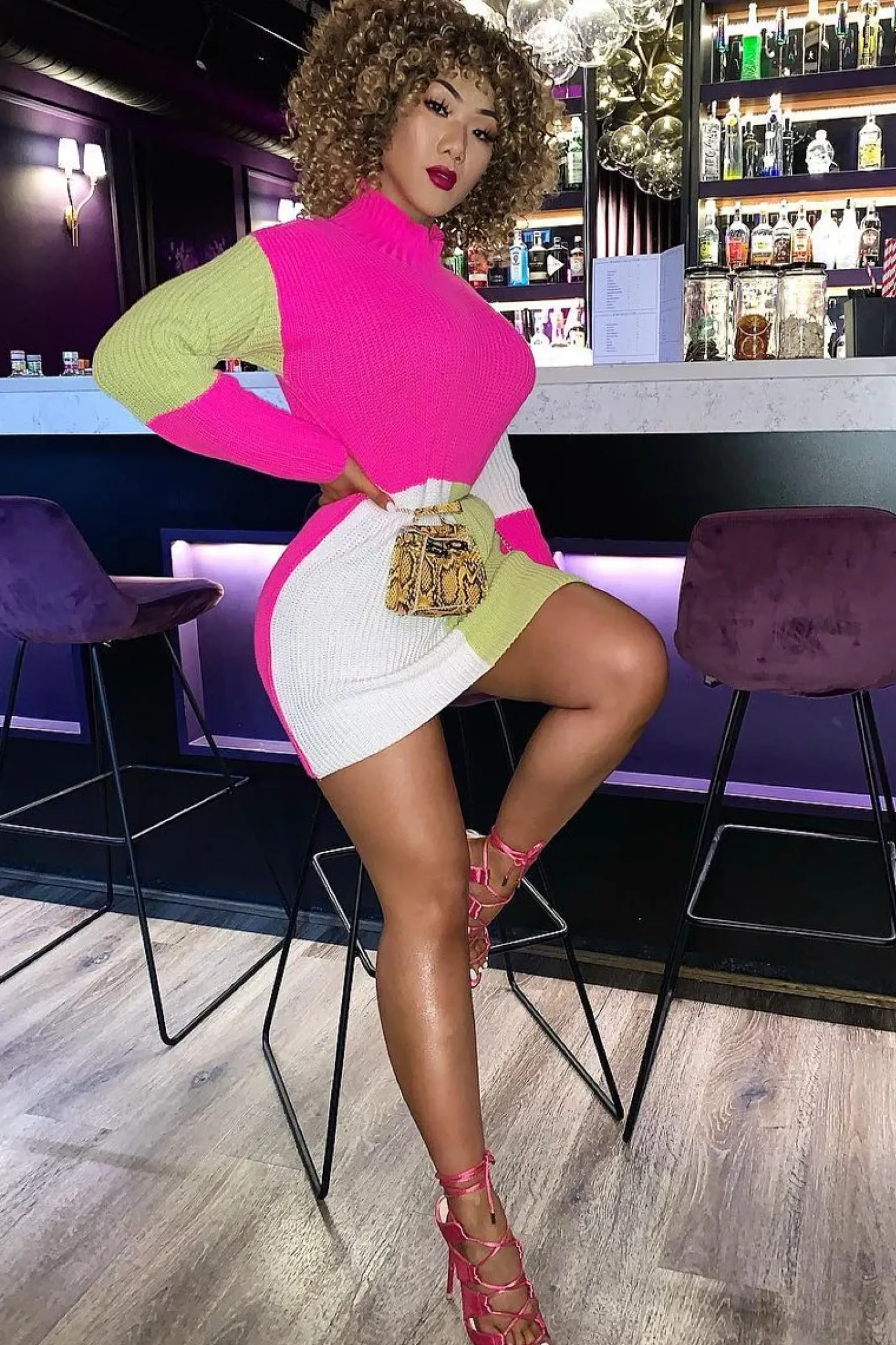 Rebellious Fashion Fuchsia Lime and Cream Knit Jumper Dress - Taila