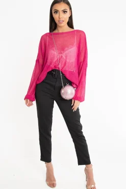 Rebellious Fashion Fuchsia Net Knit Longline Tie Detail Jumper - Kensie