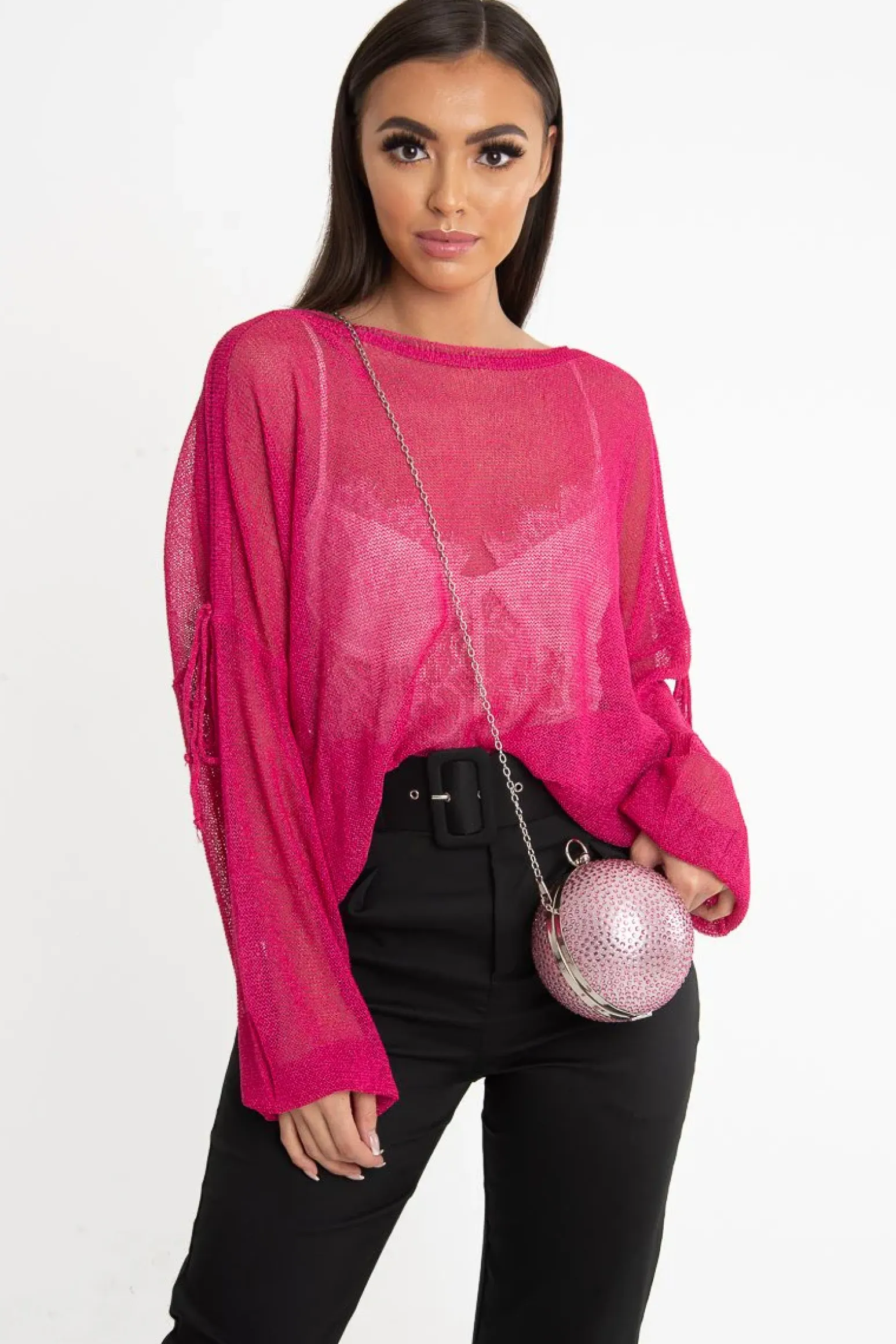 Rebellious Fashion Fuchsia Net Knit Longline Tie Detail Jumper - Kensie