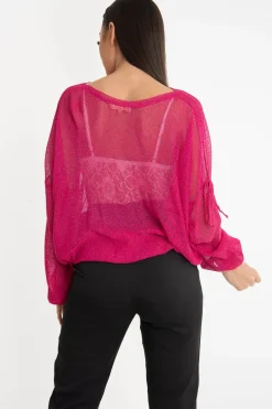 Rebellious Fashion Fuchsia Net Knit Longline Tie Detail Jumper - Kensie