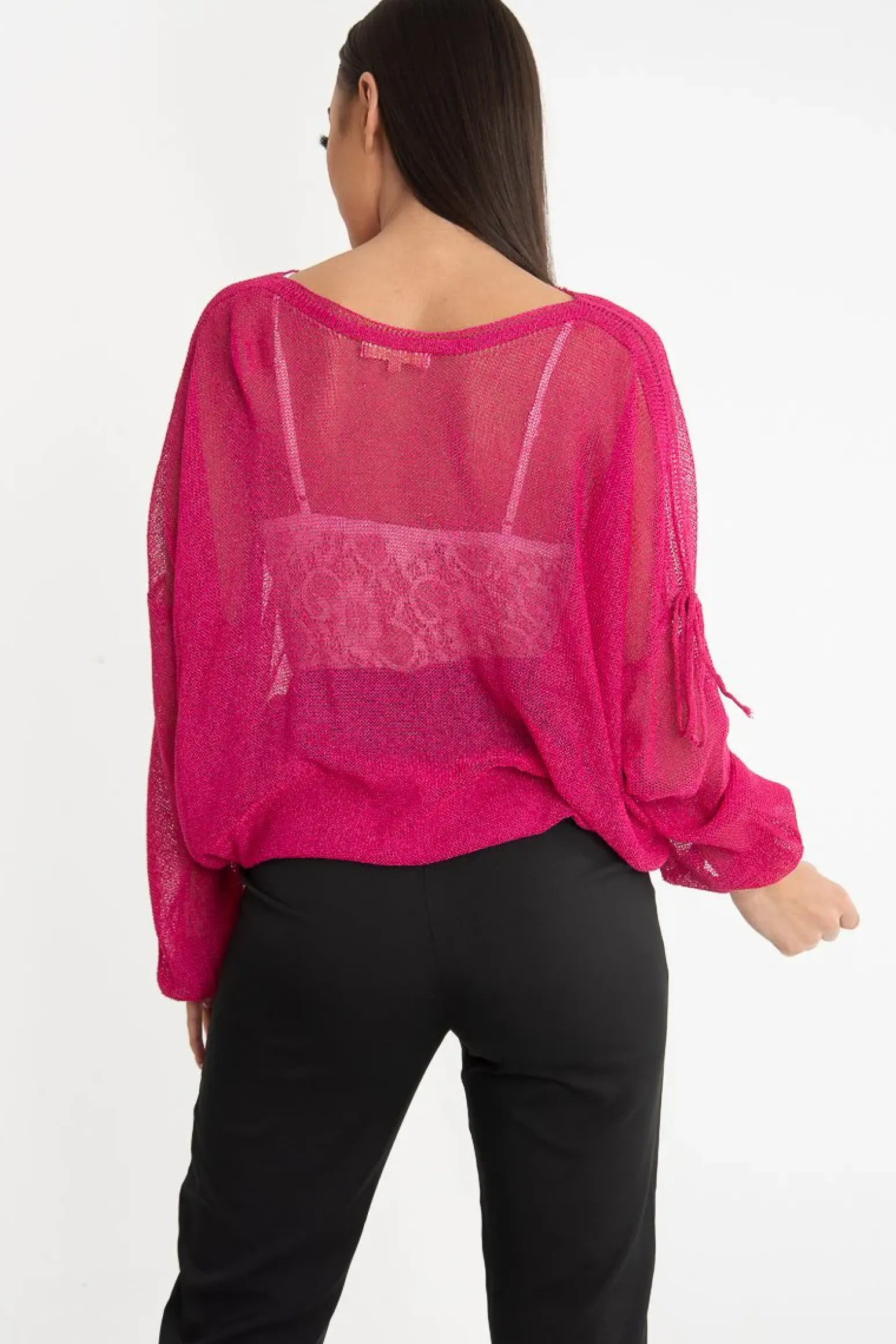 Rebellious Fashion Fuchsia Net Knit Longline Tie Detail Jumper - Kensie