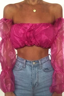 Rebellious Fashion Fuchsia Organza Bardot Puff Sleeves Crop Top - Teresa