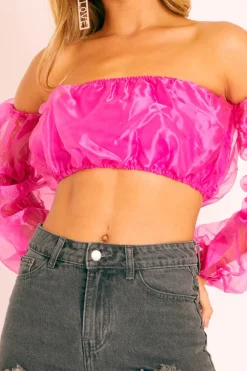 Rebellious Fashion Fuchsia Organza Bardot Puff Sleeves Crop Top - Teresa