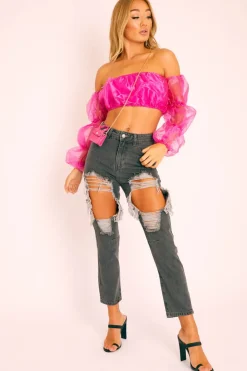 Rebellious Fashion Fuchsia Organza Bardot Puff Sleeves Crop Top - Teresa
