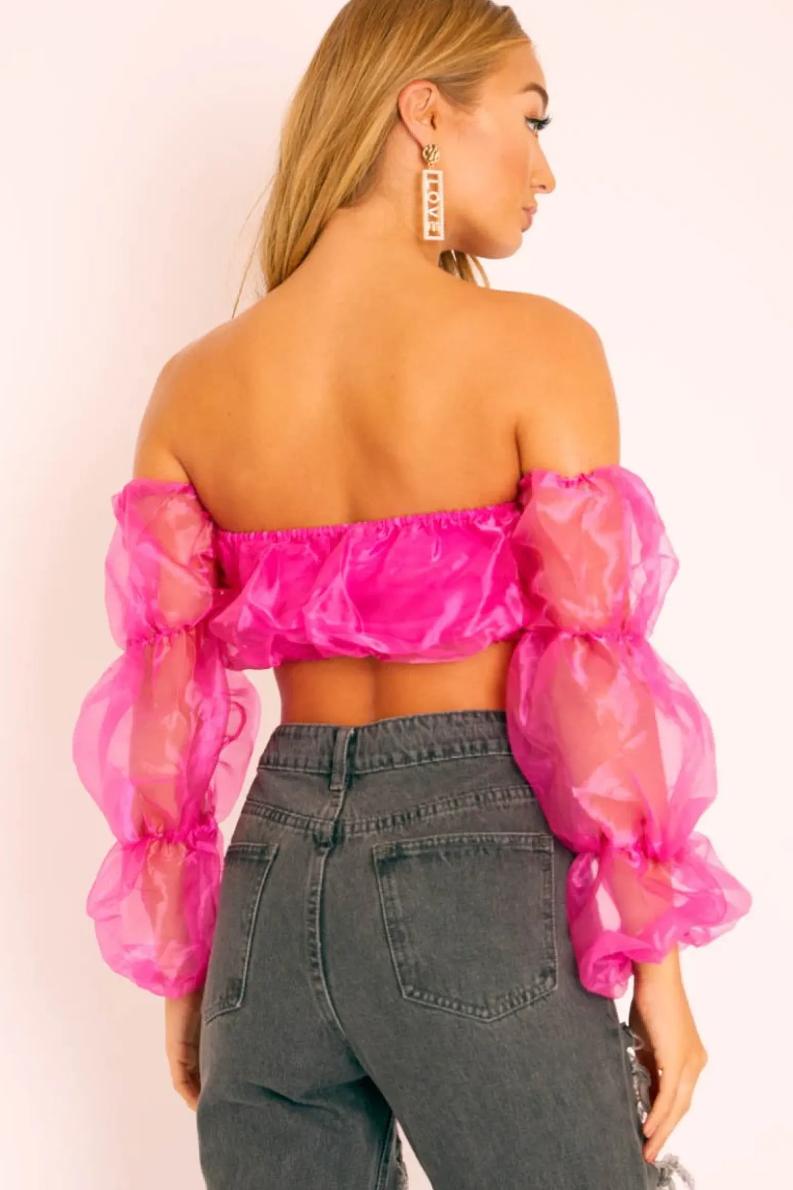 Rebellious Fashion Fuchsia Organza Bardot Puff Sleeves Crop Top - Teresa