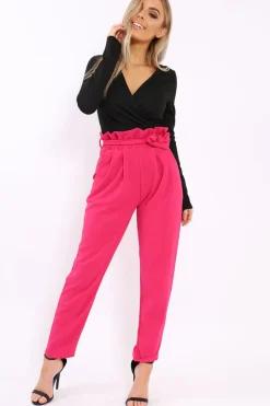 Rebellious Fashion Fuchsia Paper Bag Tie Waist Cigarette Trousers - Karmen