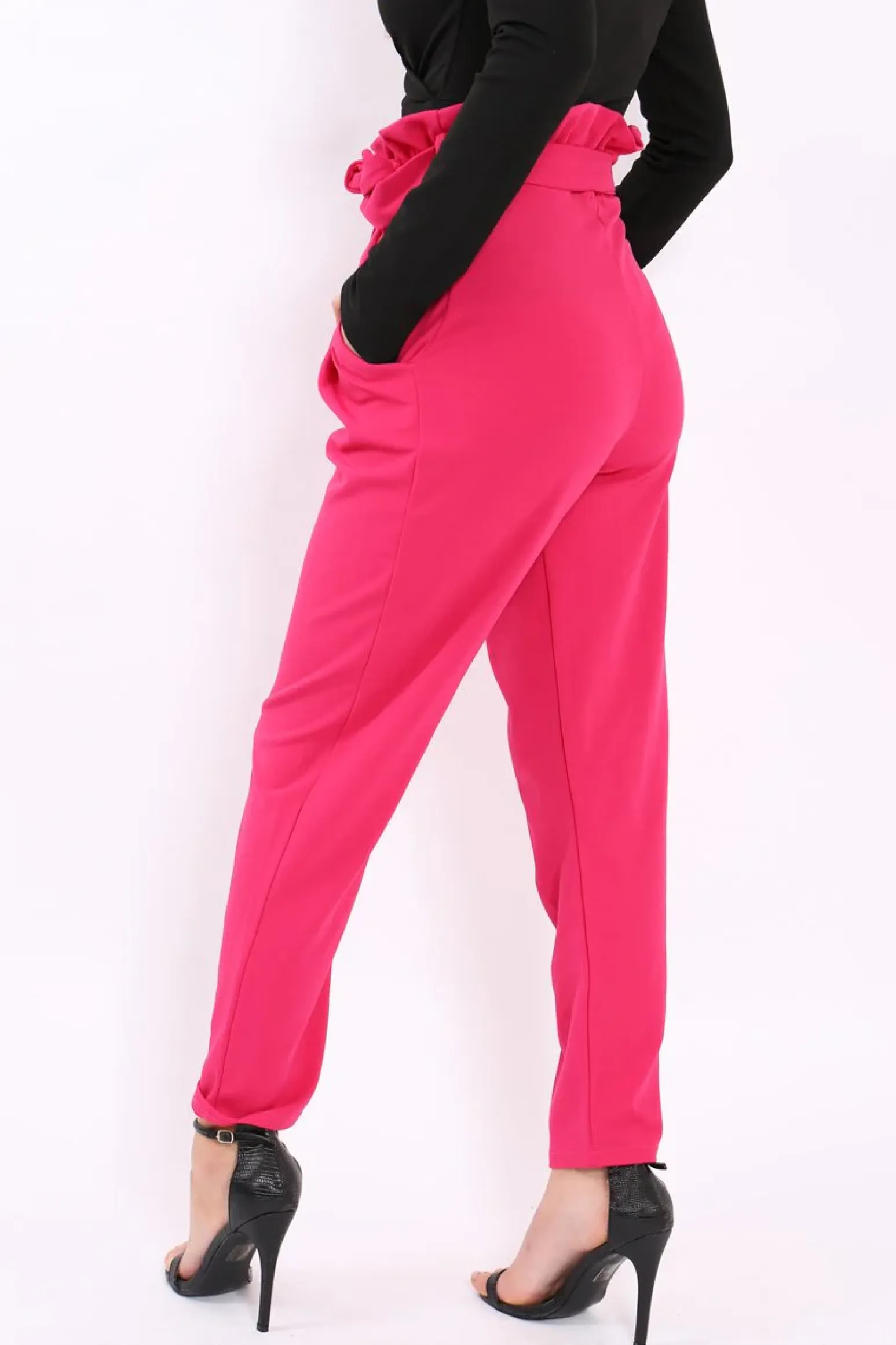 Rebellious Fashion Fuchsia Paper Bag Tie Waist Cigarette Trousers - Karmen