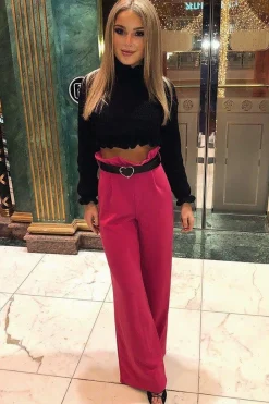 Rebellious Fashion Fuchsia Paper Bag Tie Waist Wide Leg Trousers - Kennedy
