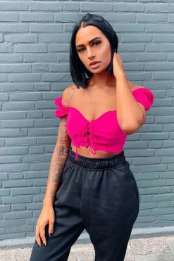 Rebellious Fashion Fuchsia Puff Sleeve Lace Up Front Crop Top - Kandis