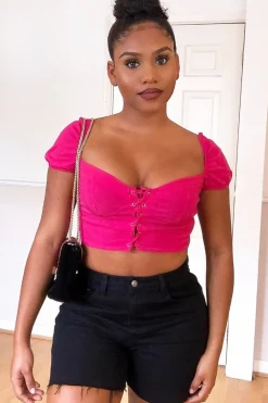 Rebellious Fashion Fuchsia Puff Sleeve Lace Up Front Crop Top - Kandis