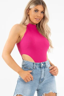Rebellious Fashion Fuchsia Ribbed High Neck Sleeveless Bodysuit - Electra