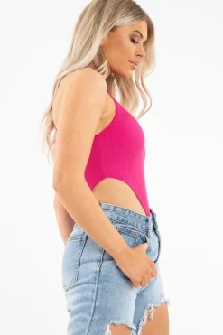 Rebellious Fashion Fuchsia Ribbed High Neck Sleeveless Bodysuit - Electra