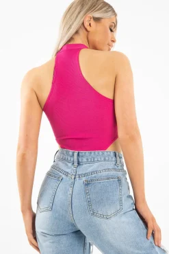 Rebellious Fashion Fuchsia Ribbed High Neck Sleeveless Bodysuit - Electra