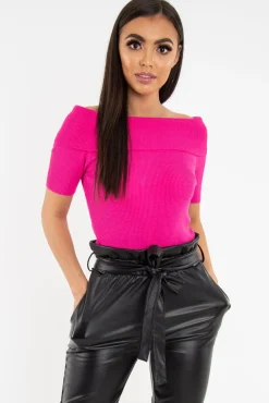 Rebellious Fashion Fuchsia Rib Knit Bardot Top - Gloria