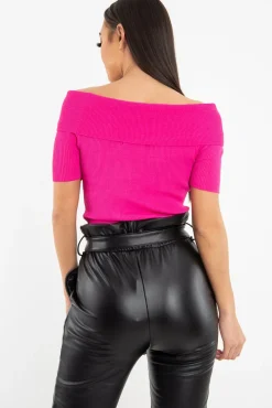 Rebellious Fashion Fuchsia Rib Knit Bardot Top - Gloria