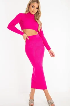 Rebellious Fashion Fuchsia Rib Knit High Neck Jumper Midi Skirt Co-Ord - Katelyn