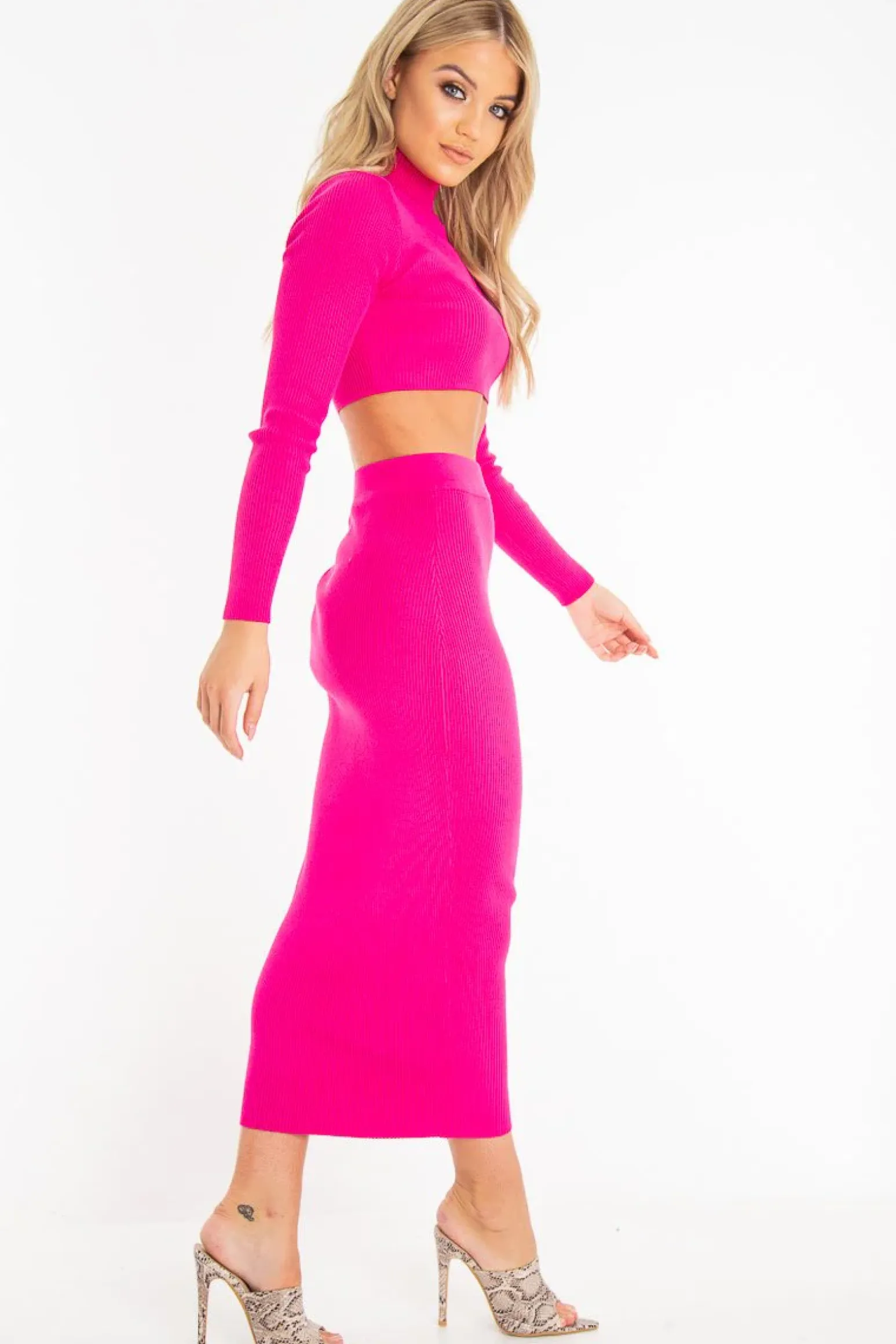 Rebellious Fashion Fuchsia Rib Knit High Neck Jumper Midi Skirt Co-Ord - Katelyn