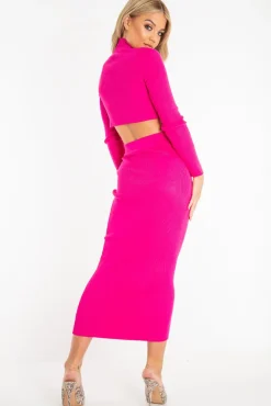 Rebellious Fashion Fuchsia Rib Knit High Neck Jumper Midi Skirt Co-Ord - Katelyn