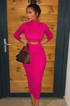 Rebellious Fashion Fuchsia Rib Knitted Midi Skirt - Kloey